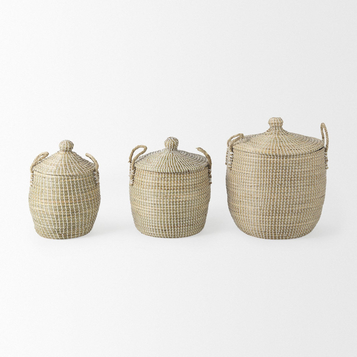 Mercana Olivia 15.7L x 15.7W x 17.3H Set of 3 Beige Seagrass Basket W/Lid and Handles