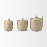 Mercana Olivia 15.7L x 15.7W x 17.3H Set of 3 Beige Seagrass Basket W/Lid and Handles