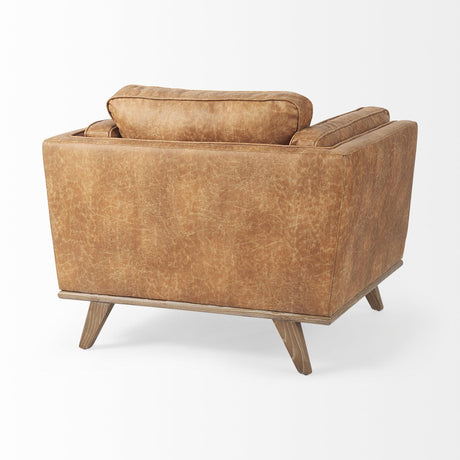 Mercana Brooks 41.7L x 34.8W x 33.5H Cognac Brown Faux Leather Chair W/ Medium Brown Wooden Legs