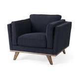 Mercana Brooks 41.7L x 34.8W x 33.5H Navy Blue Fabric Chair W/ Medium Brown Wooden Legs
