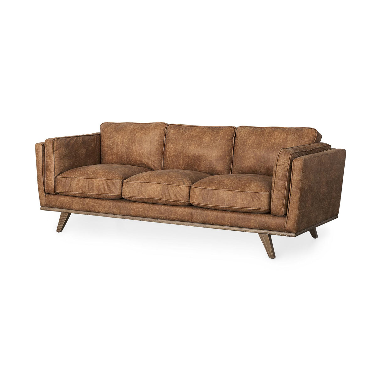 Mercana Brooks 90.2L x 34.8W x 33.5H Cognac Brown Faux Leather Three Seater Sofa W/ Medium Brown Wooden Legs