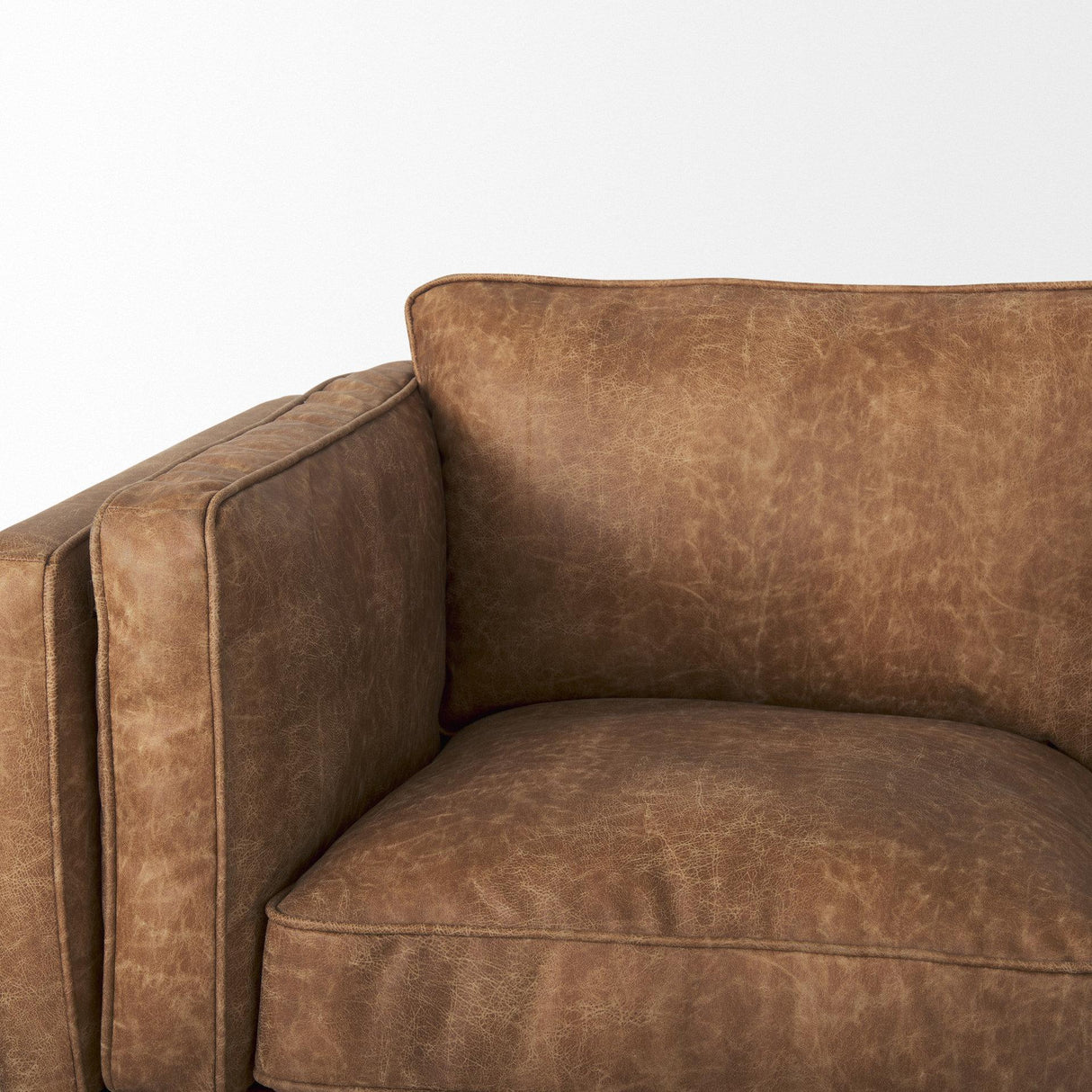 Mercana Brooks 90.2L x 34.8W x 33.5H Cognac Brown Faux Leather Three Seater Sofa W/ Medium Brown Wooden Legs