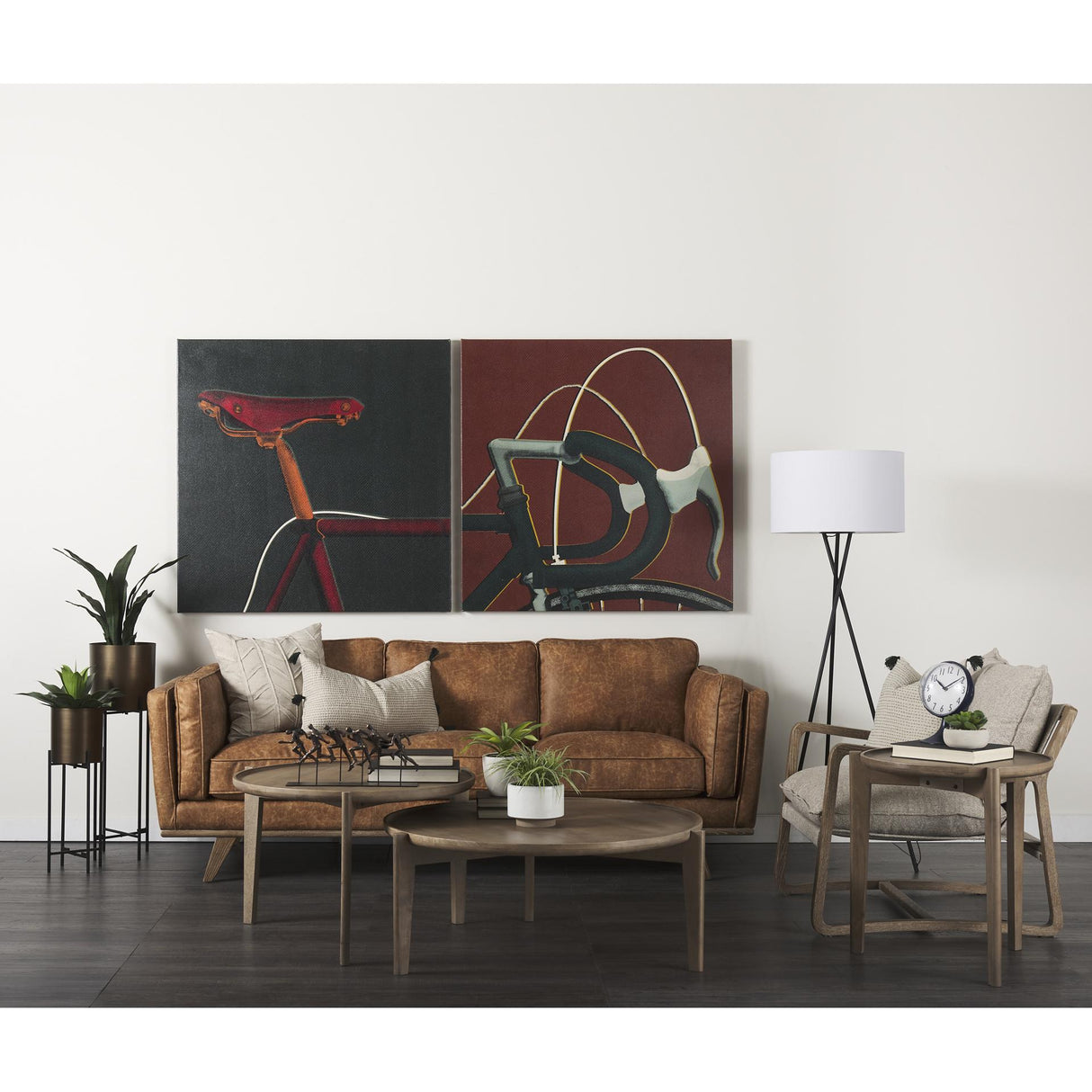 Mercana Brooks 90.2L x 34.8W x 33.5H Cognac Brown Faux Leather Three Seater Sofa W/ Medium Brown Wooden Legs