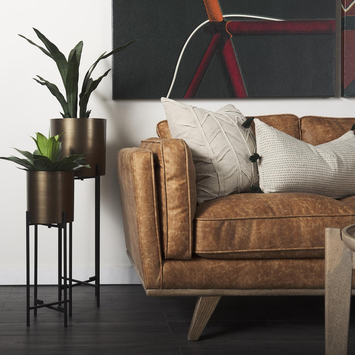 Mercana Brooks 90.2L x 34.8W x 33.5H Cognac Brown Faux Leather Three Seater Sofa W/ Medium Brown Wooden Legs