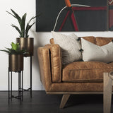 Mercana Brooks 90.2L x 34.8W x 33.5H Cognac Brown Faux Leather Three Seater Sofa W/ Medium Brown Wooden Legs