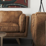 Mercana Brooks 90.2L x 34.8W x 33.5H Cognac Brown Faux Leather Three Seater Sofa W/ Medium Brown Wooden Legs