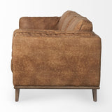 Mercana Brooks 90.2L x 34.8W x 33.5H Cognac Brown Faux Leather Three Seater Sofa W/ Medium Brown Wooden Legs