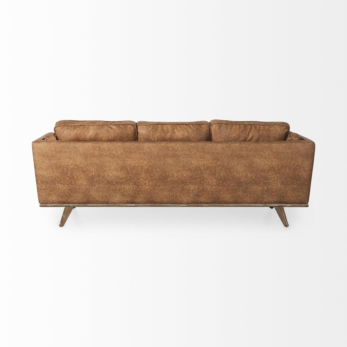 Mercana Brooks 90.2L x 34.8W x 33.5H Cognac Brown Faux Leather Three Seater Sofa W/ Medium Brown Wooden Legs