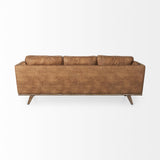 Mercana Brooks 90.2L x 34.8W x 33.5H Cognac Brown Faux Leather Three Seater Sofa W/ Medium Brown Wooden Legs