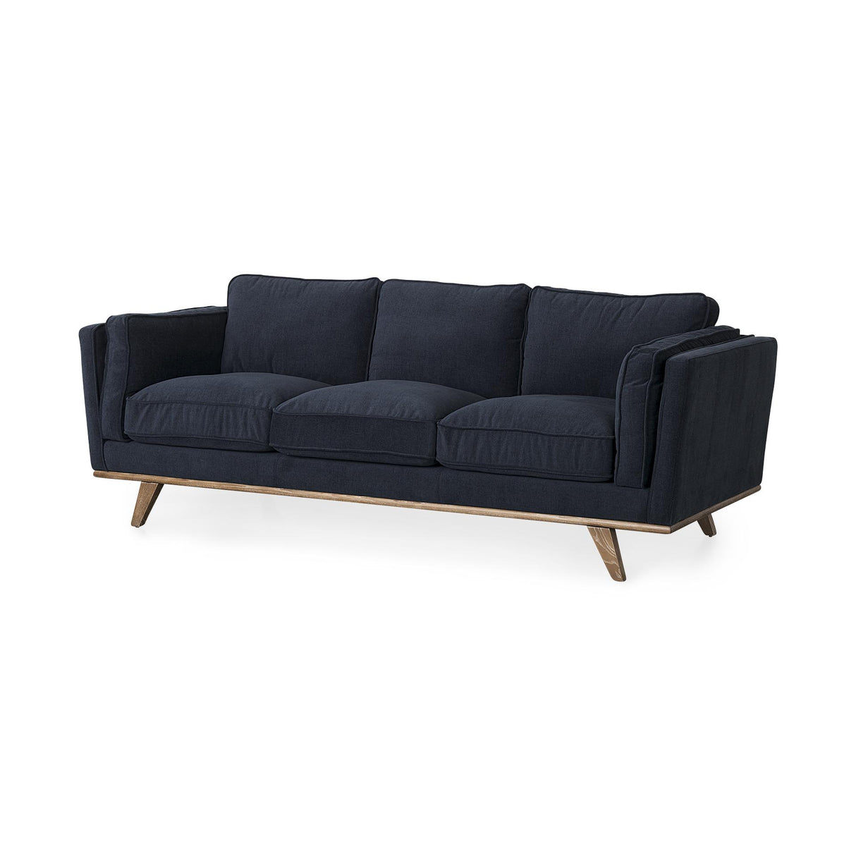 Mercana Brooks 90.2L x 34.8W x 33.5H Navy Blue Fabric Three Seater Sofa W/ Medium Brown Wooden Legs
