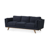 Mercana Brooks 90.2L x 34.8W x 33.5H Navy Blue Fabric Three Seater Sofa W/ Medium Brown Wooden Legs