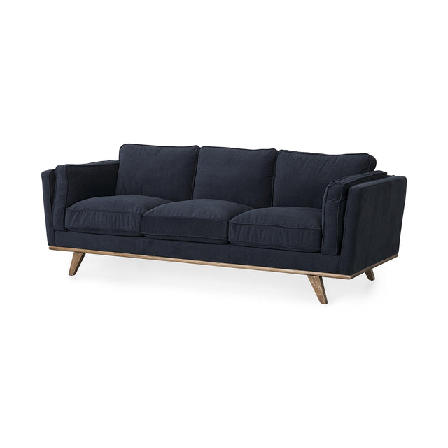 Mercana Brooks 90.2L x 34.8W x 33.5H Navy Blue Fabric Three Seater Sofa W/ Medium Brown Wooden Legs