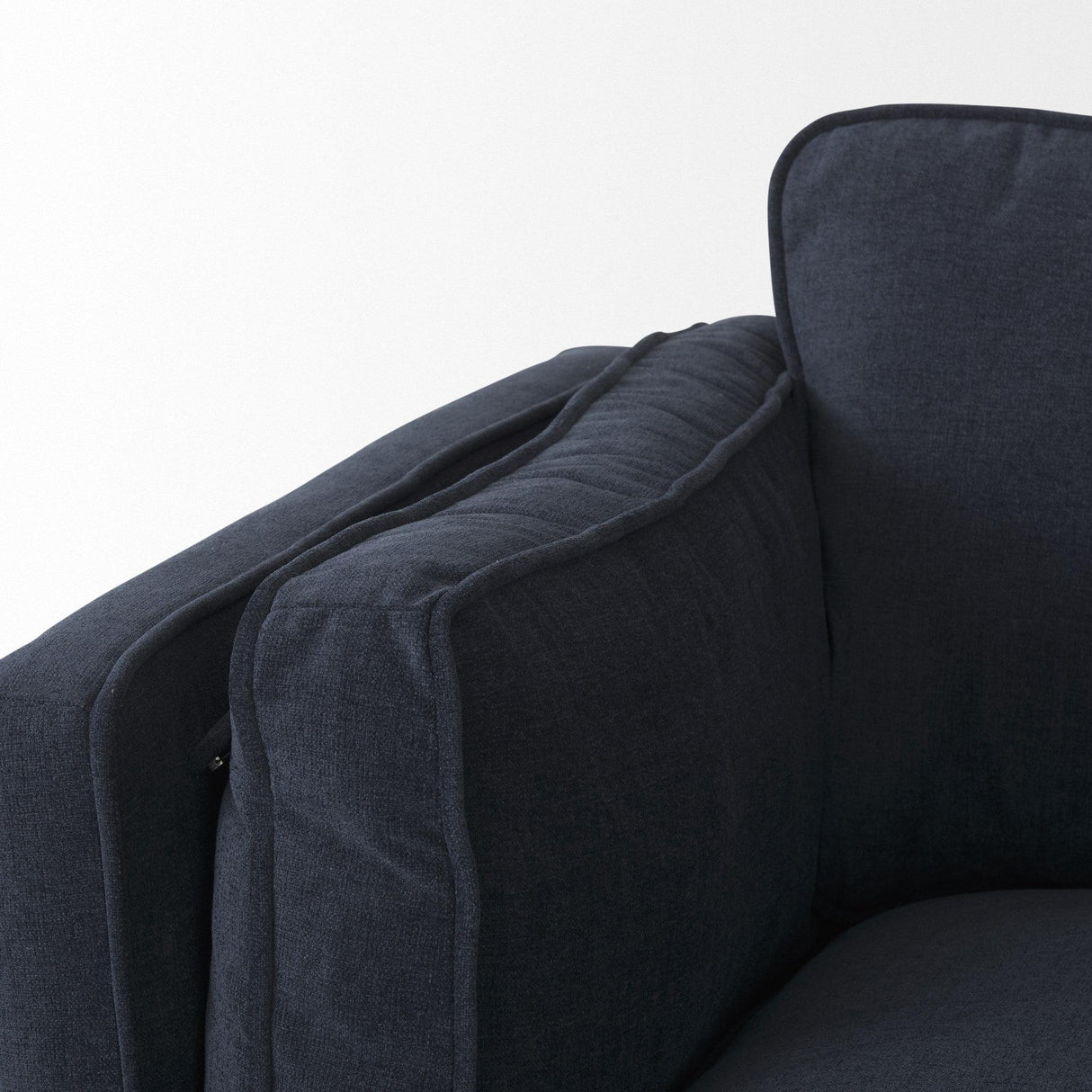 Mercana Brooks 90.2L x 34.8W x 33.5H Navy Blue Fabric Three Seater Sofa W/ Medium Brown Wooden Legs