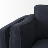 Mercana Brooks 90.2L x 34.8W x 33.5H Navy Blue Fabric Three Seater Sofa W/ Medium Brown Wooden Legs