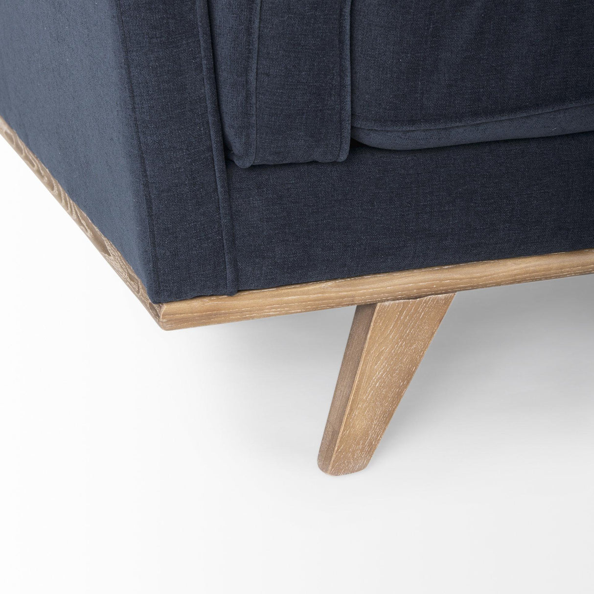 Mercana Brooks 90.2L x 34.8W x 33.5H Navy Blue Fabric Three Seater Sofa W/ Medium Brown Wooden Legs