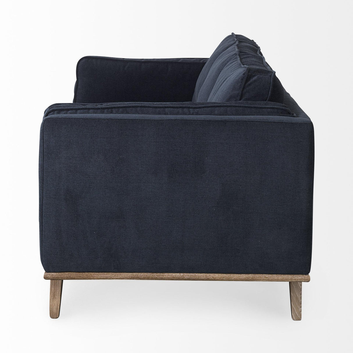Mercana Brooks 90.2L x 34.8W x 33.5H Navy Blue Fabric Three Seater Sofa W/ Medium Brown Wooden Legs