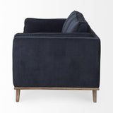 Mercana Brooks 90.2L x 34.8W x 33.5H Navy Blue Fabric Three Seater Sofa W/ Medium Brown Wooden Legs