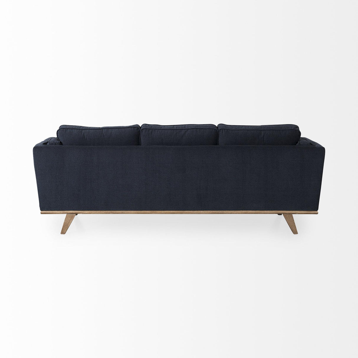 Mercana Brooks 90.2L x 34.8W x 33.5H Navy Blue Fabric Three Seater Sofa W/ Medium Brown Wooden Legs