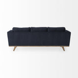 Mercana Brooks 90.2L x 34.8W x 33.5H Navy Blue Fabric Three Seater Sofa W/ Medium Brown Wooden Legs