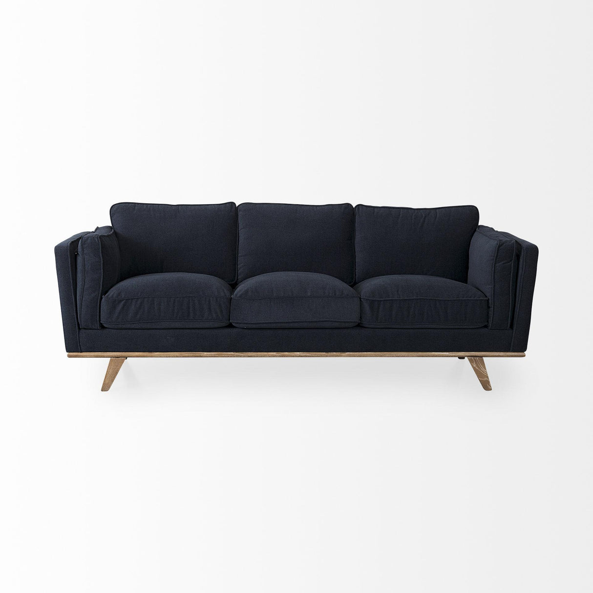 Mercana Brooks 90.2L x 34.8W x 33.5H Navy Blue Fabric Three Seater Sofa W/ Medium Brown Wooden Legs