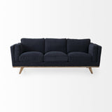 Mercana Brooks 90.2L x 34.8W x 33.5H Navy Blue Fabric Three Seater Sofa W/ Medium Brown Wooden Legs