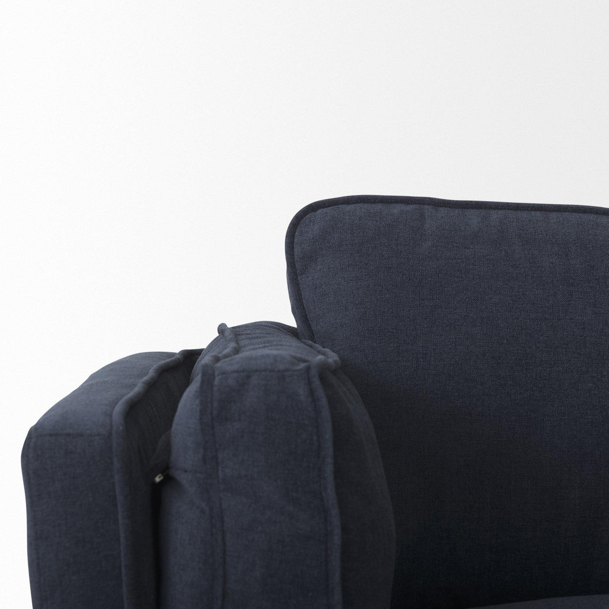 Mercana Brooks 90.2L x 34.8W x 33.5H Navy Blue Fabric Three Seater Sofa W/ Medium Brown Wooden Legs