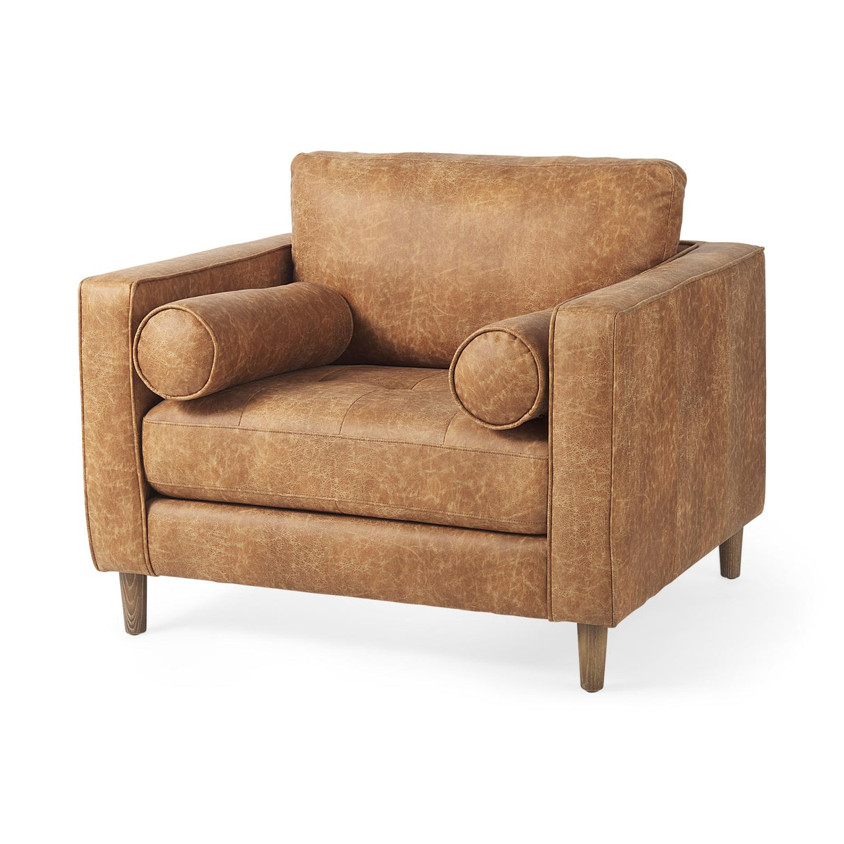 Mercana Loretta 40.7L x 36.2W x 33.9H Cognac Brown Faux Leather Chair W/ Two Bolster Cushions