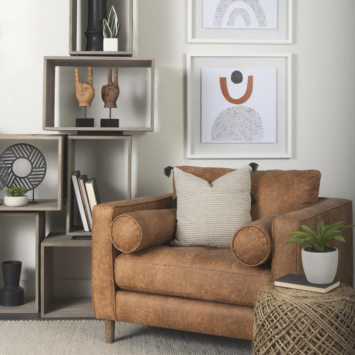 Mercana Loretta 40.7L x 36.2W x 33.9H Cognac Brown Faux Leather Chair W/ Two Bolster Cushions