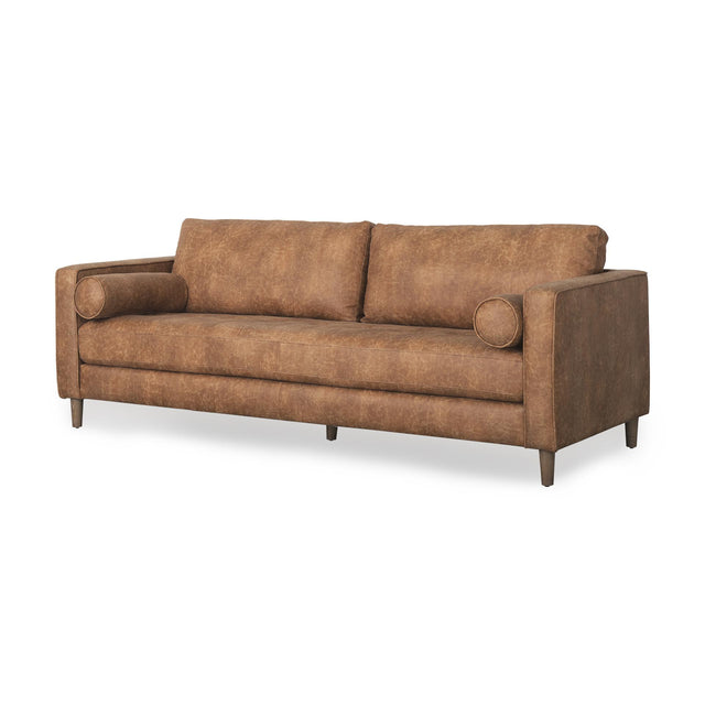 Mercana Loretta 88.0L x 36.2W x 33.9H Cognac Brown Faux Leather Three Seater Sofa with Two Bolster Cushions