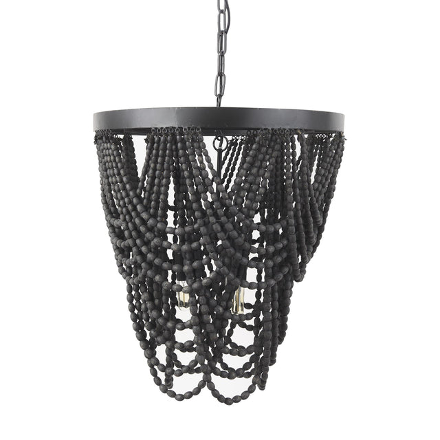 Mercana Pendra 19.7L x 19.7W x 89.0H Black Metal Wooden Bead Three Bulb Chandelier