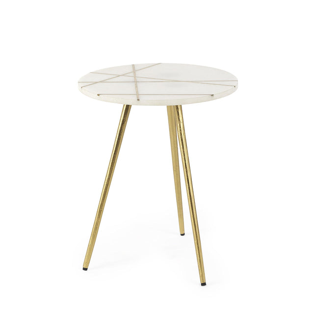 Mercana Vivienne 16.0L x 16.0W x 19.0H White Marble W/Antique Gold Metal Round Small Side Table