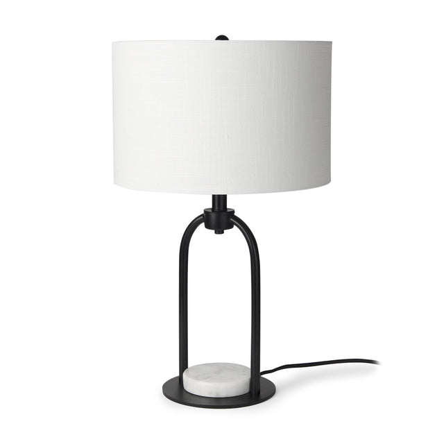 Mercana Sarah 15.0L x 10.0W x 22.2H Arched Black Metal W/Marble Cube and White Shade Table Lamp