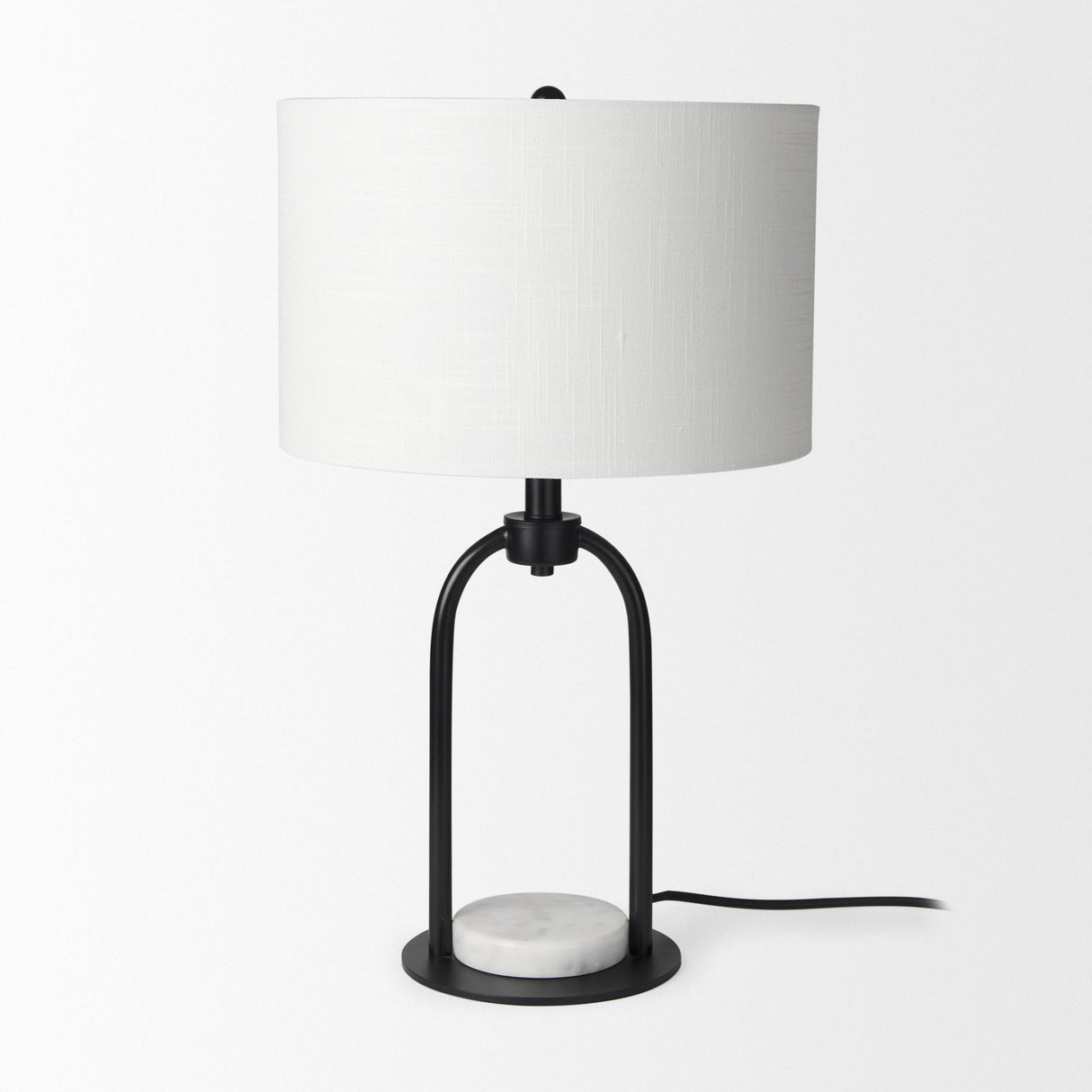 Mercana Sarah 15.0L x 10.0W x 22.2H Arched Black Metal W/Marble Cube and White Shade Table Lamp