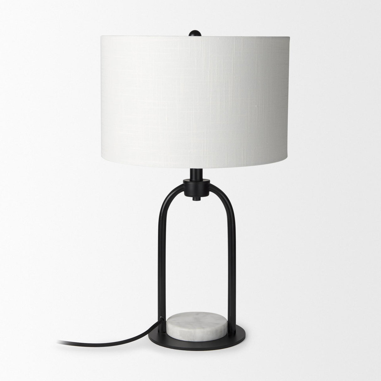 Mercana Sarah 15.0L x 10.0W x 22.2H Arched Black Metal W/Marble Cube and White Shade Table Lamp