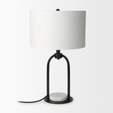 Mercana Sarah 15.0L x 10.0W x 22.2H Arched Black Metal W/Marble Cube and White Shade Table Lamp