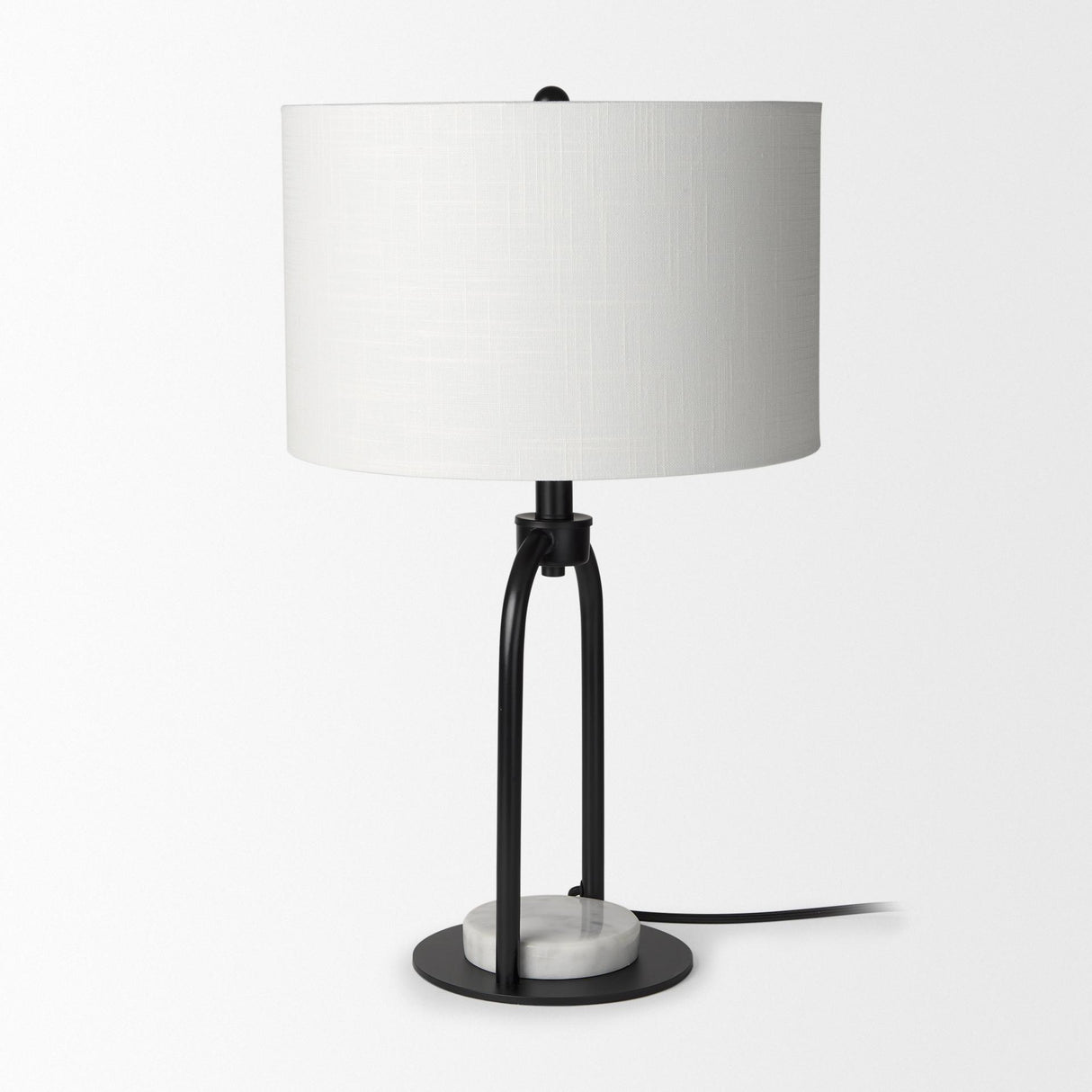 Mercana Sarah 15.0L x 10.0W x 22.2H Arched Black Metal W/Marble Cube and White Shade Table Lamp