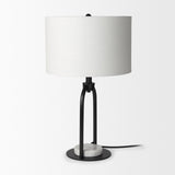 Mercana Sarah 15.0L x 10.0W x 22.2H Arched Black Metal W/Marble Cube and White Shade Table Lamp