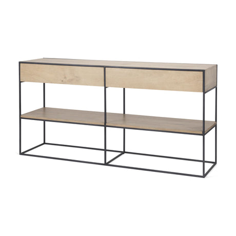 Mercana Morris 63.0L x 15.0W x 31.0H Beige Wood w/ Black Metal Frame 2 Drawer Console Table