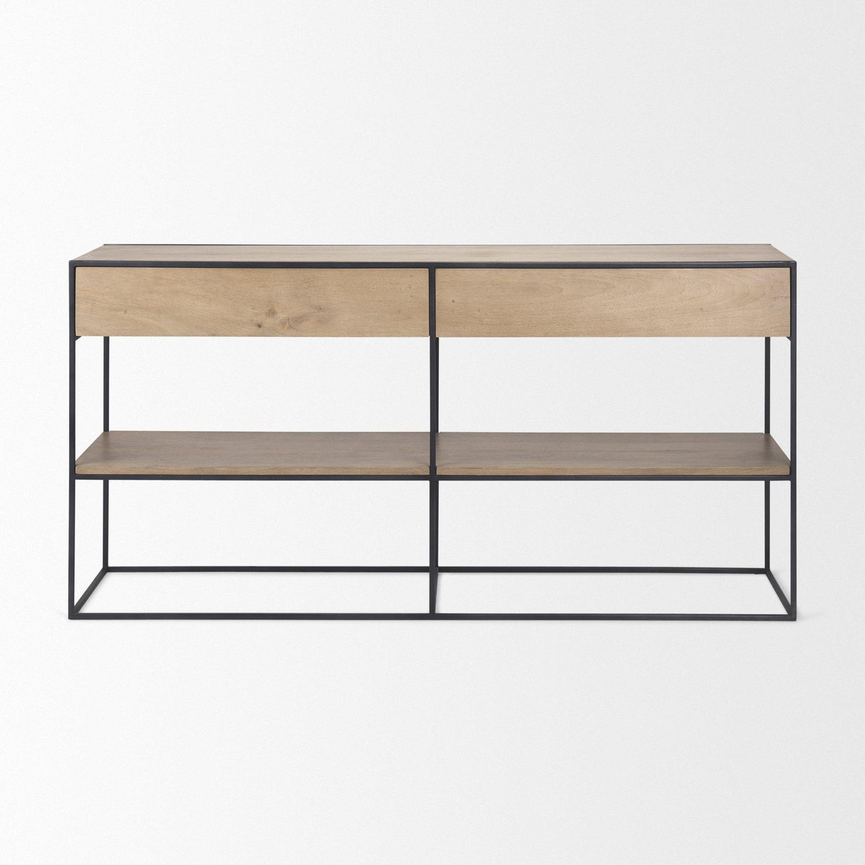Mercana Morris 63.0L x 15.0W x 31.0H Beige Wood w/ Black Metal Frame 2 Drawer Console Table