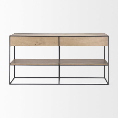 Mercana Morris 63.0L x 15.0W x 31.0H Beige Wood w/ Black Metal Frame 2 Drawer Console Table