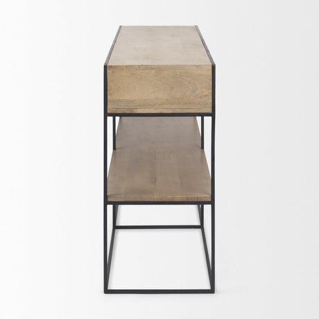 Mercana Morris 63.0L x 15.0W x 31.0H Beige Wood w/ Black Metal Frame 2 Drawer Console Table