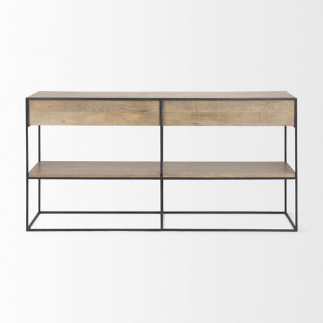 Mercana Morris 63.0L x 15.0W x 31.0H Beige Wood w/ Black Metal Frame 2 Drawer Console Table