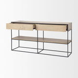 Mercana Morris 63.0L x 15.0W x 31.0H Beige Wood w/ Black Metal Frame 2 Drawer Console Table