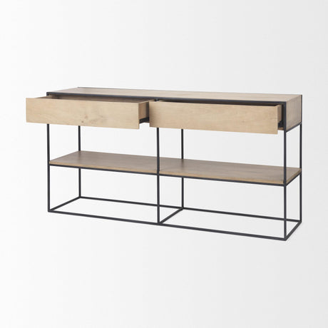 Mercana Morris 63.0L x 15.0W x 31.0H Beige Wood w/ Black Metal Frame 2 Drawer Console Table