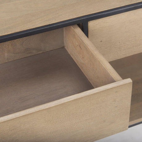 Mercana Morris 63.0L x 15.0W x 31.0H Beige Wood w/ Black Metal Frame 2 Drawer Console Table