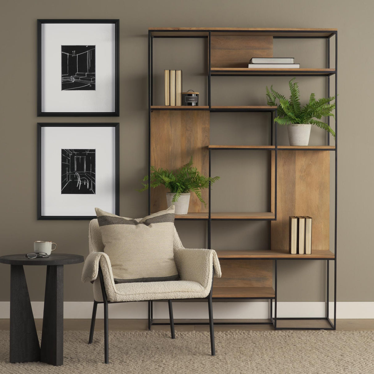 Mercana Morris 47.0L x 15.0W x 75.0H Light Brown Wood w/ Black Metal Frame 6-Tier Shelving Unit