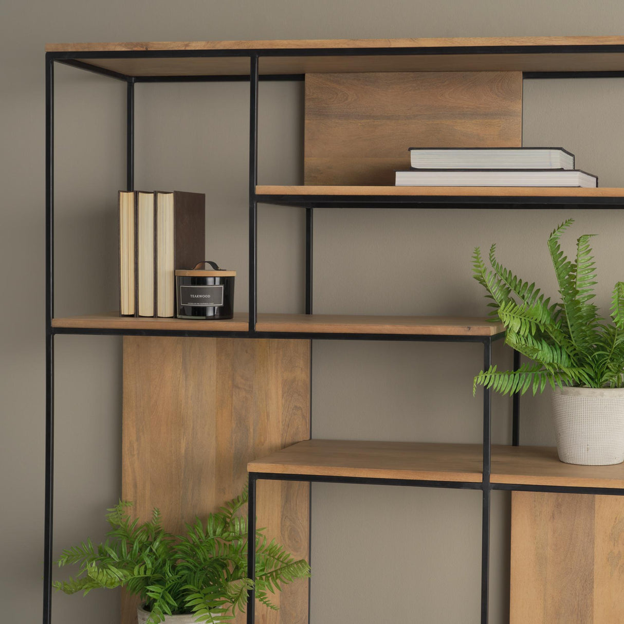 Mercana Morris 47.0L x 15.0W x 75.0H Light Brown Wood w/ Black Metal Frame 6-Tier Shelving Unit
