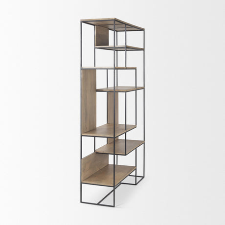 Mercana Morris 47.0L x 15.0W x 75.0H Light Brown Wood w/ Black Metal Frame 6-Tier Shelving Unit
