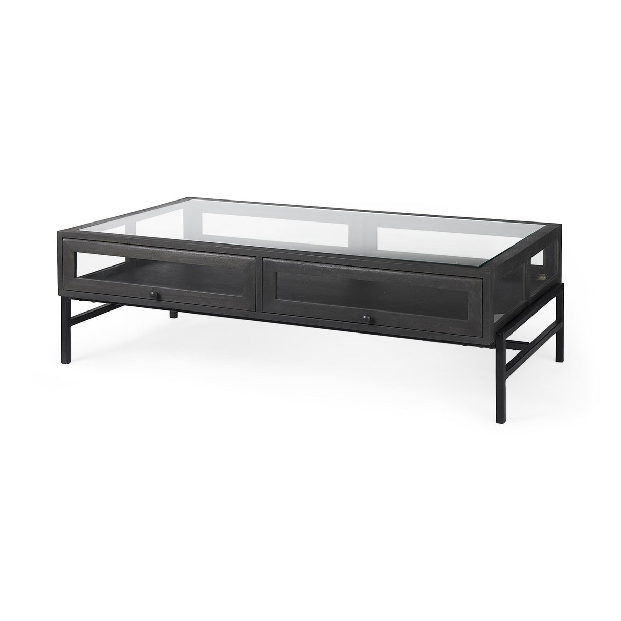 Mercana Arelius 42"L Rectangular Glass-Top Black-Brown Wood w/ Black Metal Base Display Coffee Table