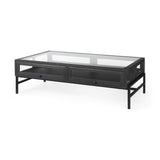 Mercana Arelius 42"L Rectangular Glass-Top Black-Brown Wood w/ Black Metal Base Display Coffee Table